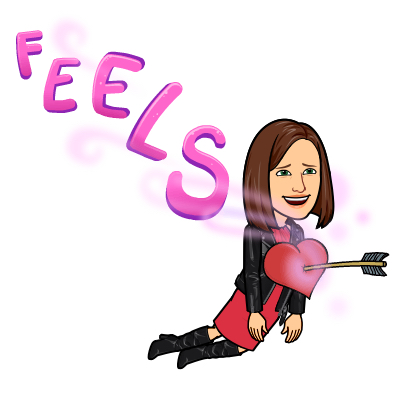 Bitmoji of me with the word feels coming out behind.